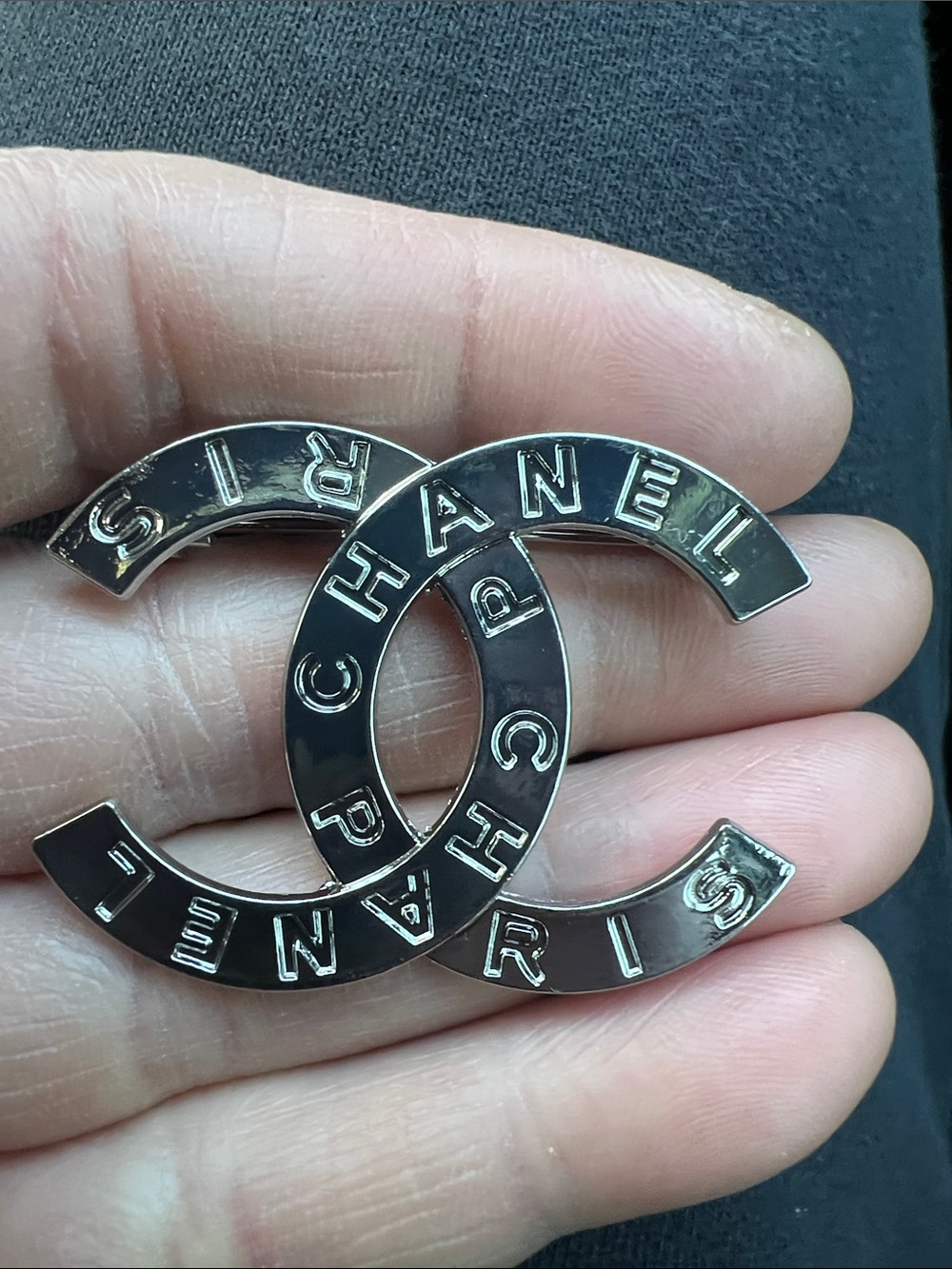 CHANEL Black and Silver Double C Logo Brooch